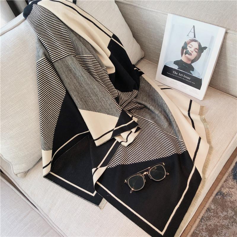 Autumn and Winter New Double-sided Geometric Imitation Cashmere Scarf Women's High-end Feeling Thick Warm Thickened Shawl Scarf