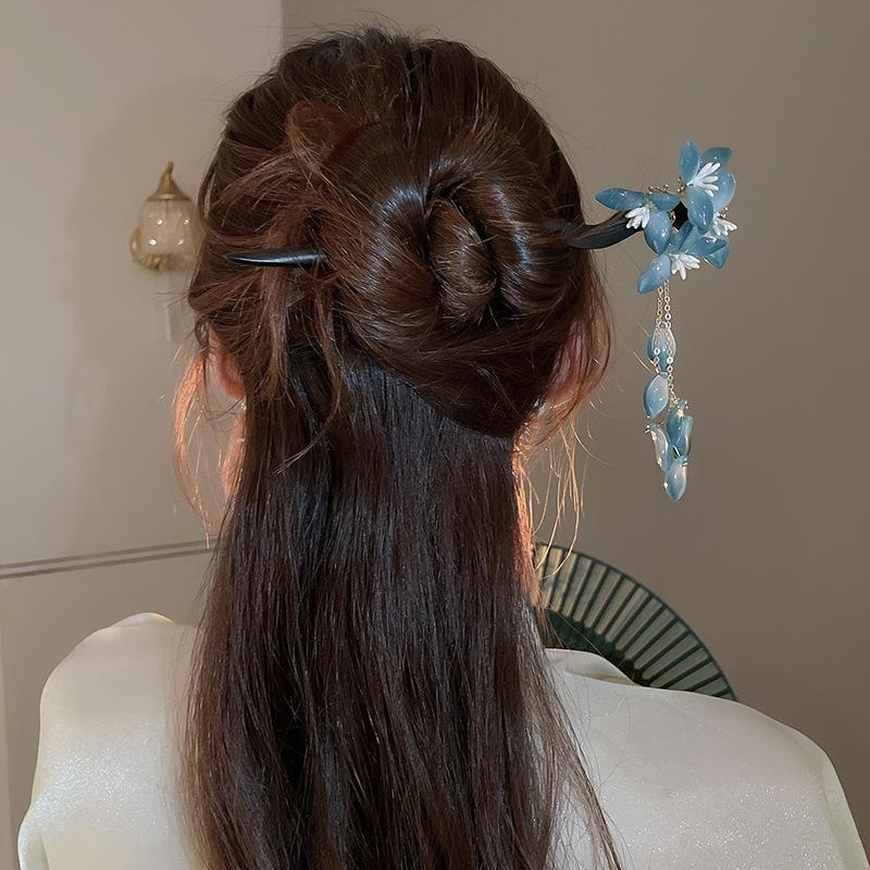 Neo-chinese Style Bluey Flower Fringe Hair Sticks Women National Tide Ancient Vintage Hairpins Fashion Exquisite Accessories K-