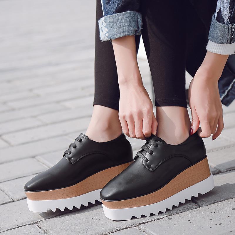 Туфли на танкетке и платформе в японском стиле - весна/осень 2025 г., водонепроницаемая кожа, на шнуровке, для женщин, британский стиль.