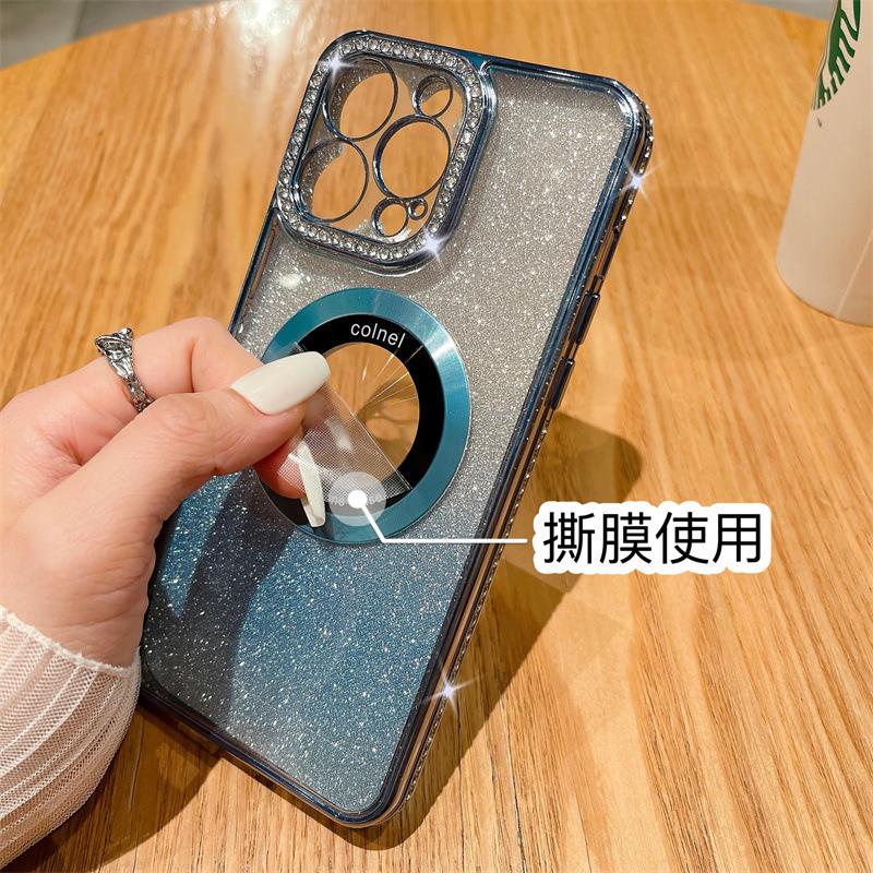 Подходит для iPhone15ProMAX, чехол для мобильного телефона, новый гальванизированный стразы, увеличительное стекло, постепенное изменение блеска, Apple 14, все включено