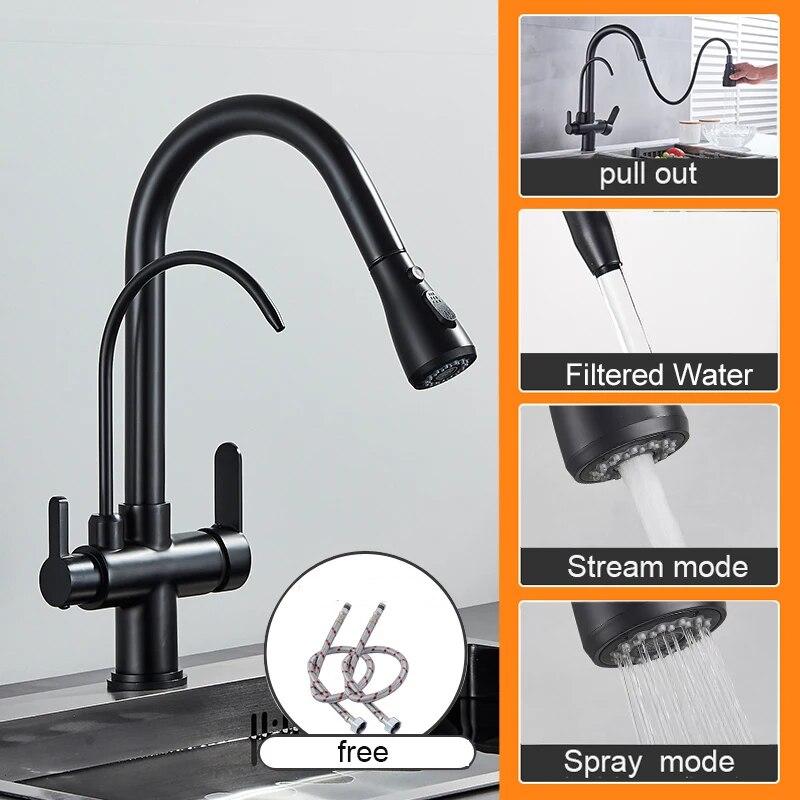 Matte Black Pure Water Kitchen Faucet Dual Handle Hot and Cold Drinking Water Pull Out Kitchen Mixer Taps