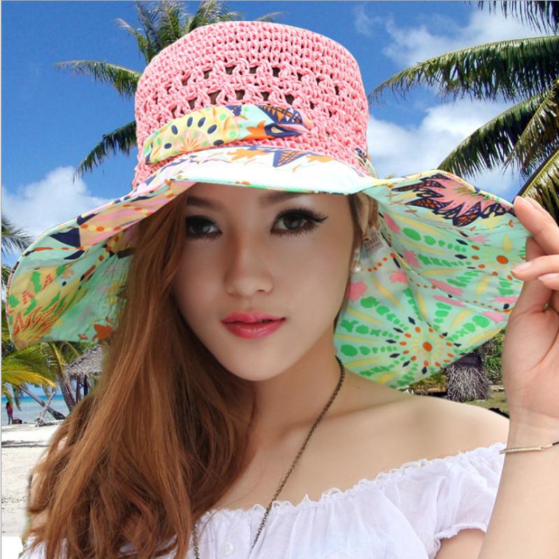 Fashion Sun Hat For Women Holiday Beach Straw Hat Female Hollow Printed Bow Summer Big Brim Hat Fold Uv Protection Floppy Hat