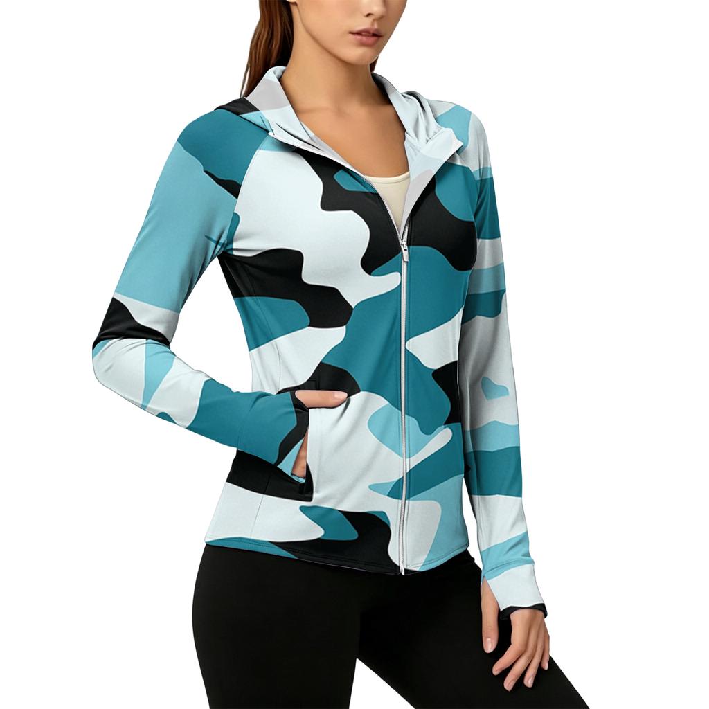 Womens Zip Up Hoodie Lightweight Long Sleeve Camouflage Print Sun Protection Jacket with Hood and Pockets for Outdoor Activities
