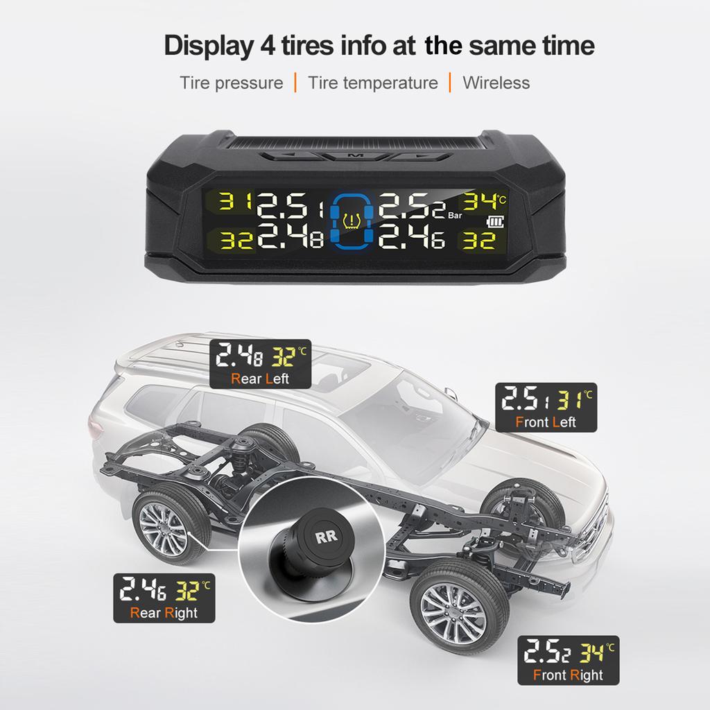 Wireless Tire Pressure Monitor HD LCD Display Real Time Alert Solar Powered USB Charging Tire Pressure Monitoring System