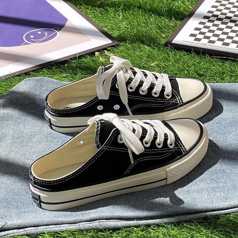 Летние тонкие белые туфли, универсальные базовые полутапочки с закрытым носком, женская верхняя одежда, дышащая, без каблука, ленивая парусиновая обувь