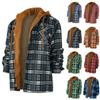 Men's Quilted Lined Button Down Plaid Shirt Add Velvet To Keep Warm Jacket With Hood