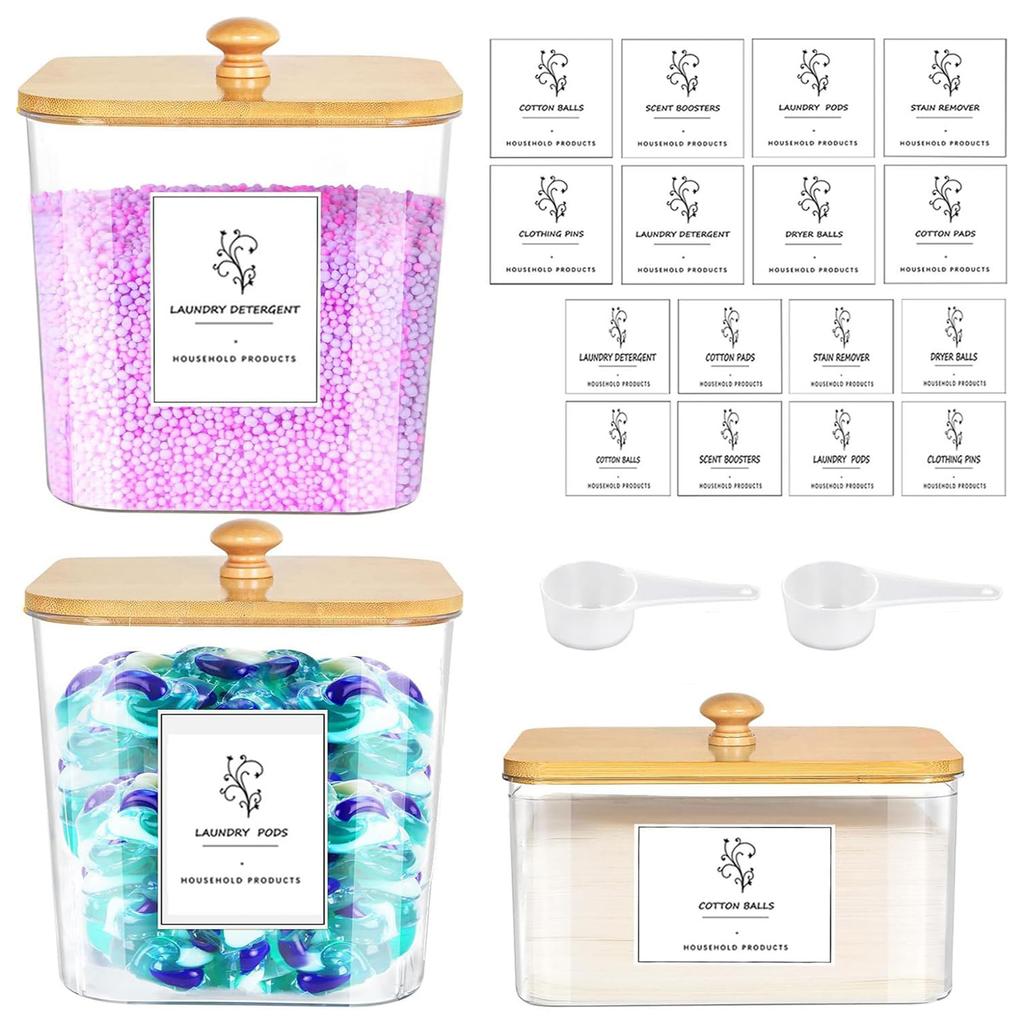 3 Pack Laundry Pods Containers & Plastic Powder Detergent Holder Set, Laundry Room Organization and Storage, Clear Organizer Jar