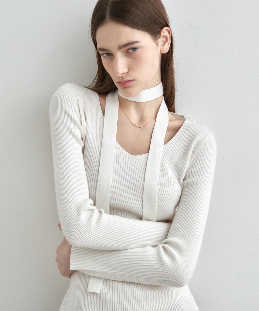 MONGDOL [Muffler Set] V-Neck Slim Ribbed Knit Top Mdkt122_6 Colors