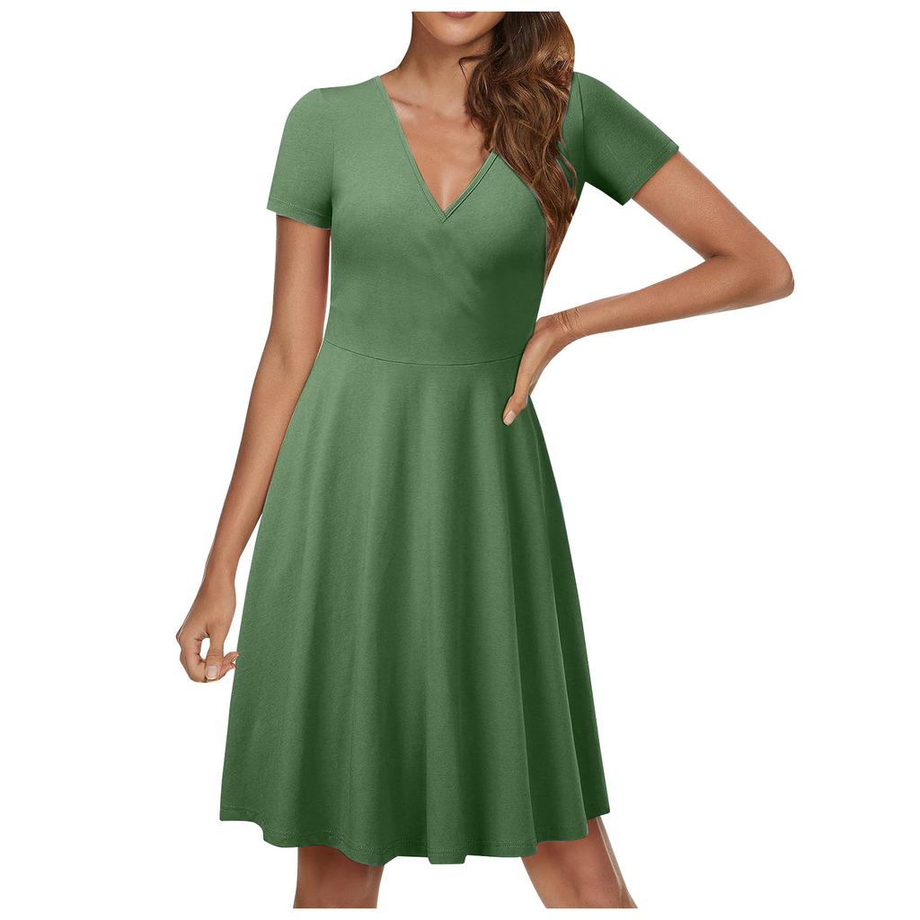 Женское повседневное модное однотонное платье трапециевидной формы с перекрестным v-образным вырезом и короткими рукавами и талией, большое свободное платье