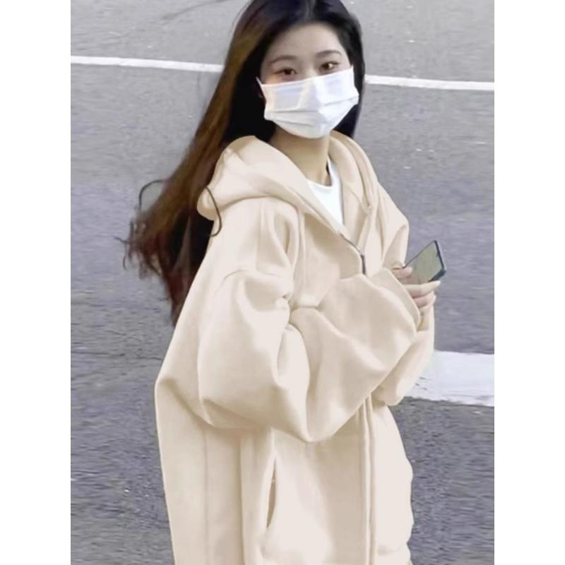 Sweatshirt Women's Sprin Autumn Hooded Thin Jacket with Thick Velvet Korean Style Trendy Student Loose Top Cardigan