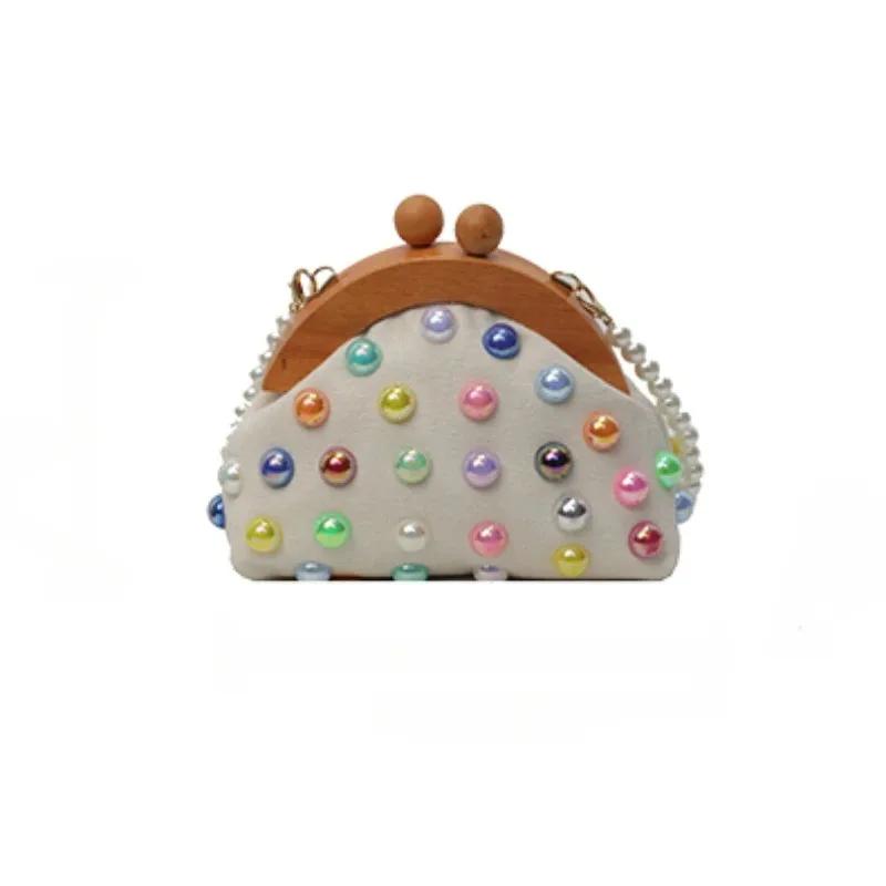 Красочные холщовые сумки через плечо с маленькими ракушками, деревянные застежки, жемчужные бусины, компактные сумки через плечо для женщин, повседневные, милые