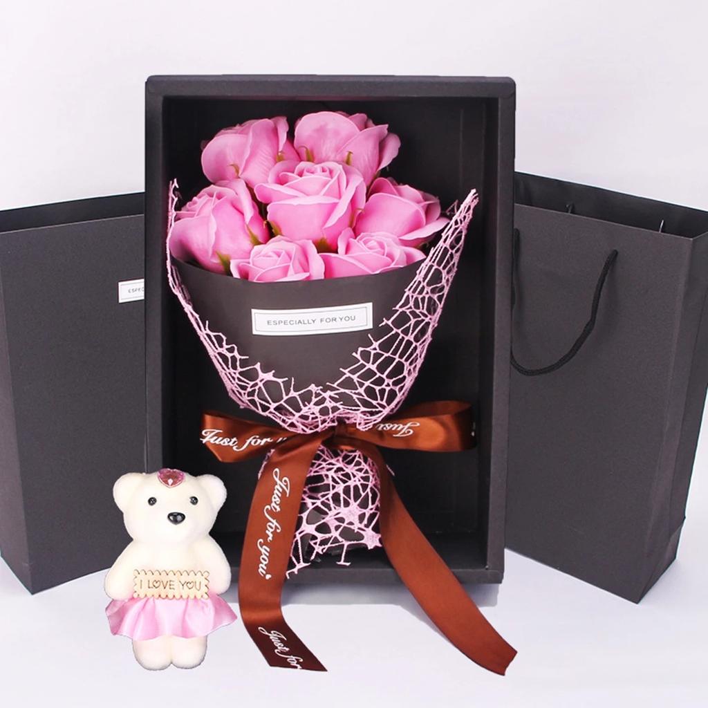 7 Heads Artificial Rose Bouquet Little Bear Gift Box Handmade False Flower Bouquet Mother's Day Birthday Party Gifts Home Decor