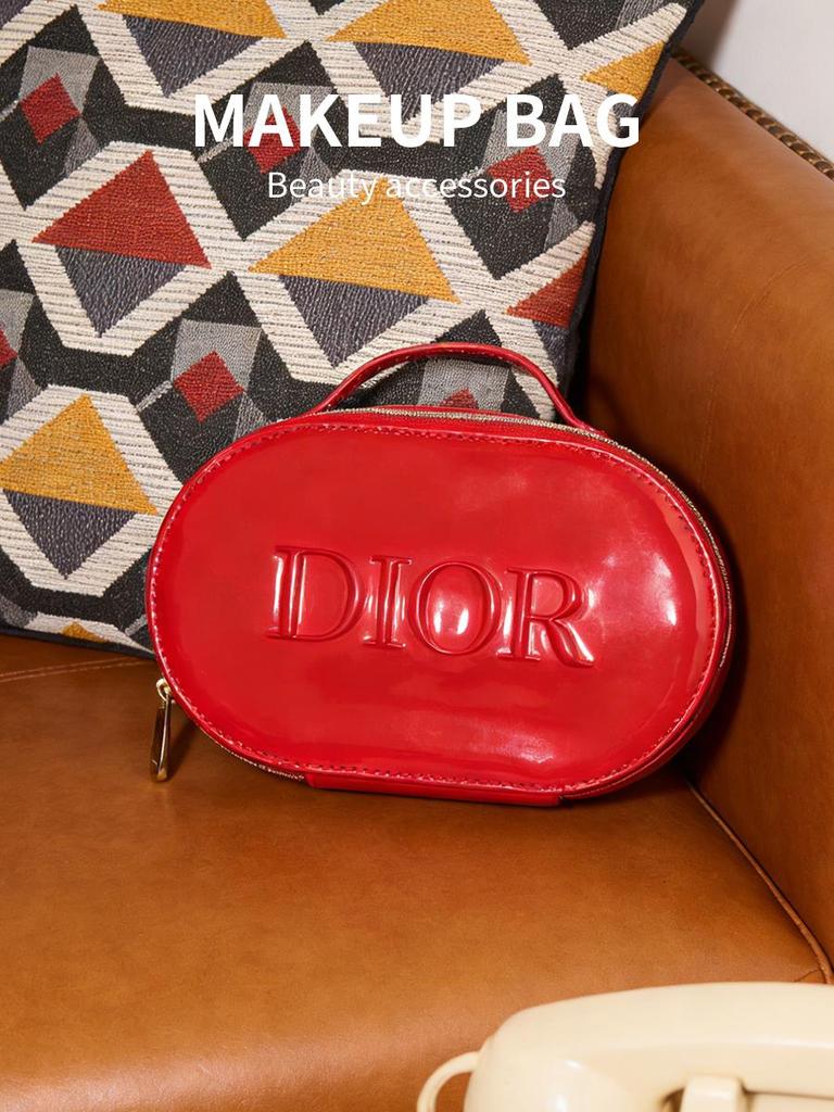 Dior Красная глянцевая косметичка с ручкой, Портативный дорожный органайзер для макияжа