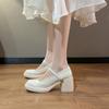 Genuine Leather~ Mary Jane Thick Heel Single Shoes Women's Pearl French Retro High Heels One Word with Shallow Mouth Fairy Shoes College