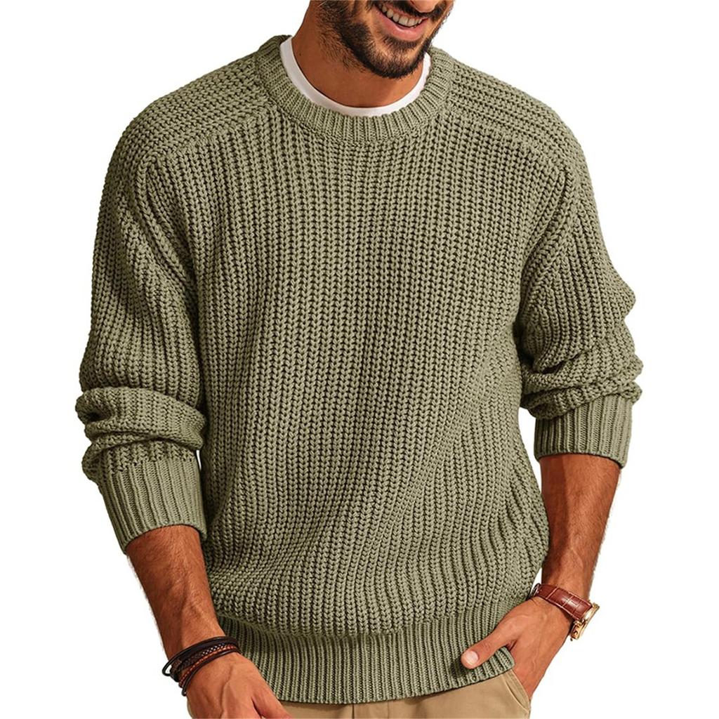 New Men's Solid Color Long Sleeve Round Neck Fashion Sweater Loose American Retro Knitwear