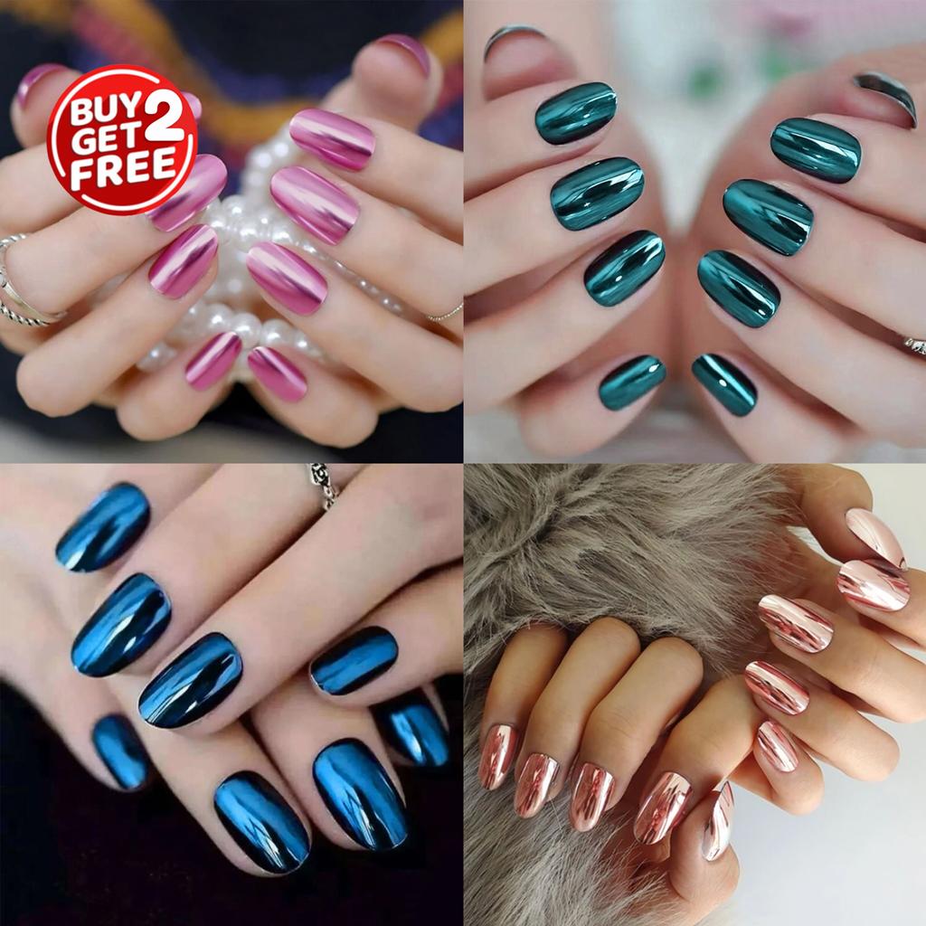 4 Packs/ 96 Pcs Press On NailsLong Oval Mirror Effect Solid Color False Nails, Chrome Fake Nails With Mini Files Jelly Tabs Sticks