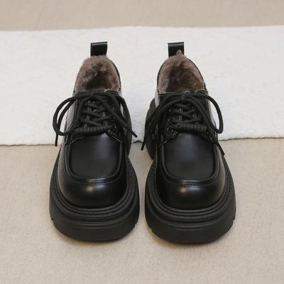 Маленькие кожаные туфли в британском стиле женские бархатные теплые французская платформа женские туфли 2025 новая осень и зима лоферы хлопковые туфли