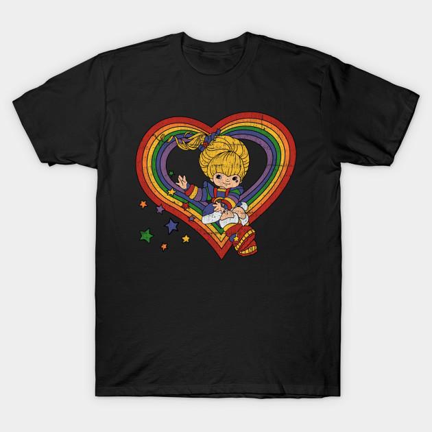 Men Black Print T-shirt Rainbow Brite With Rainbow Heart No-Cut Heat Transfer Print Cotton Tshirt