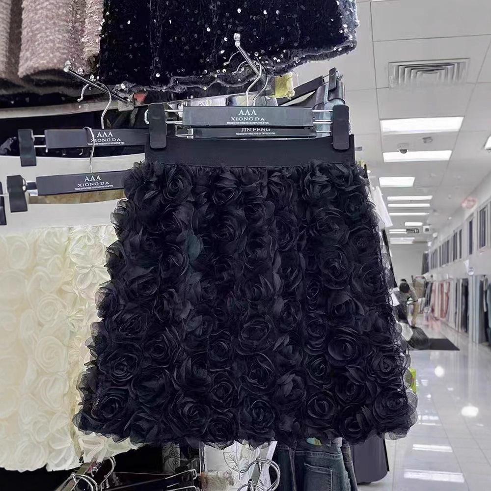 Женская европейская и американская A-силуэтная юбка с 3D-розами: Элегантная короткая юбка для похудения