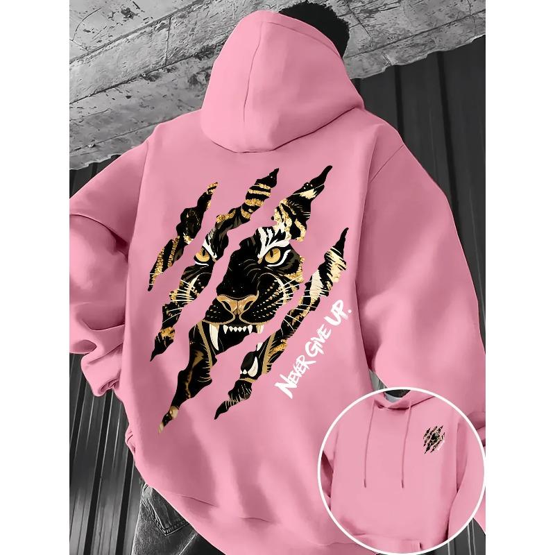 Comfort Warm Fleece Men Hoodie Tiger Scratch Graphic Never Give Up Slogan Back Print Outdoor Sports Casual Hooded Sweatshirt