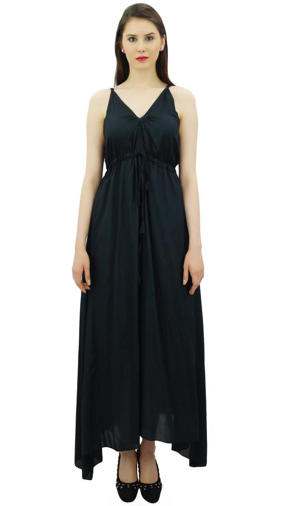 Bimba Women's Long Maxi Cotton Beach Dress Drawstring Waist Strappy Resort