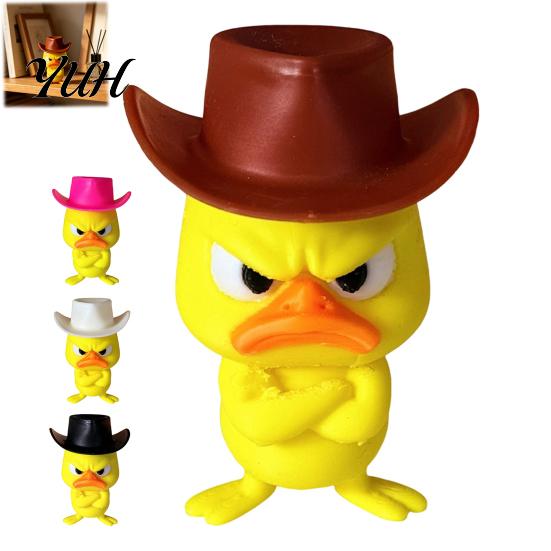 Cute Animal Sculptures Angry Duck Desk Figurine, 3D Printed Yellow Office Decoration with Cowboy Creative Birthday Gifts Hat, Little Ornament for Home
