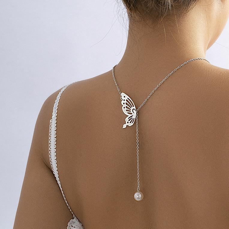 Антикварное ожерелье-цепочка с искусственным жемчугом и кулоном-бабочкой, подвески, серебристые украшения на шею для женщин, идеи подарков на вечеринку