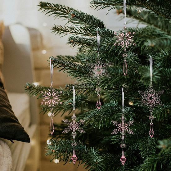 6 Pcs Acrylic Crystal Christmas Ornament Sparkling Clear Snowflake Hanging Ornaments with Drop Pendants for Xmas Tree Decoration