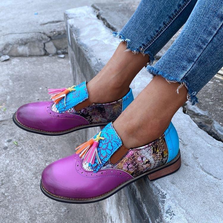 Весенние туфли смешанных цветов 2024 года, женские туфли на плоской подошве с принтом, винтажный круглый носок, кисточки, шнуровка, женская мода, ретро женская обувь