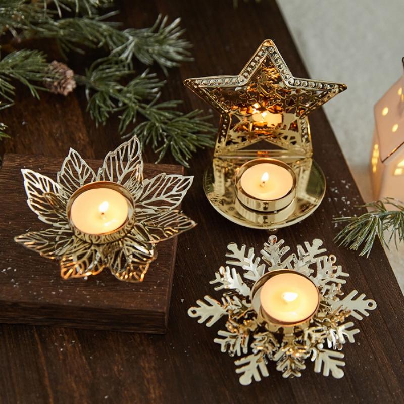 1pcChristmas Flower Snowflake Candle Holder Gold Iron Candle Stand Ornament Christmas Decoration Vintage Tray Decorative Supplie