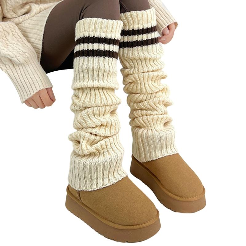 Women Thicken Ribbed Knit Leg Warmer Preppy Style Double Striped Leg Covers Snow Boot Cuffs Over Knee Stacked Long Socks