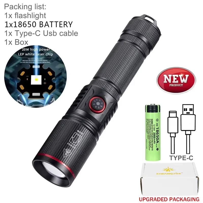 Aluminum Alloy White Laser Powerful LED Flashlight Built-in Battery Rope Power Indicator Outdoor Fishing Camping Lantern Torch