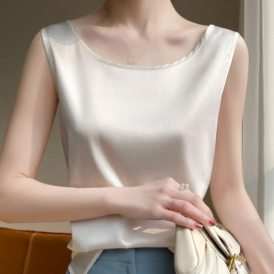 Women Summer Vest Round Neck Sleeveless Smooth Satin Vest Regular Fit Tank Tops Casual Camisole Clubs Daily Wear