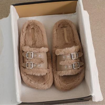 2024 женские модные тапочки с пряжкой на поясе, зимние универсальные тапочки из овечьей шерсти, осенние новые домашние тапочки, сохраняющие тепло, плюс бархатные тапочки