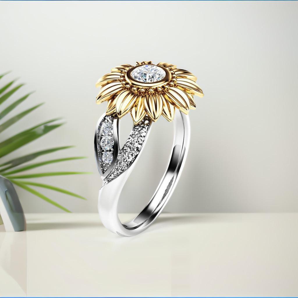 Stylish Copper Sunflower Ring With Gold Plating And Gemstone Inlay For Birthdays