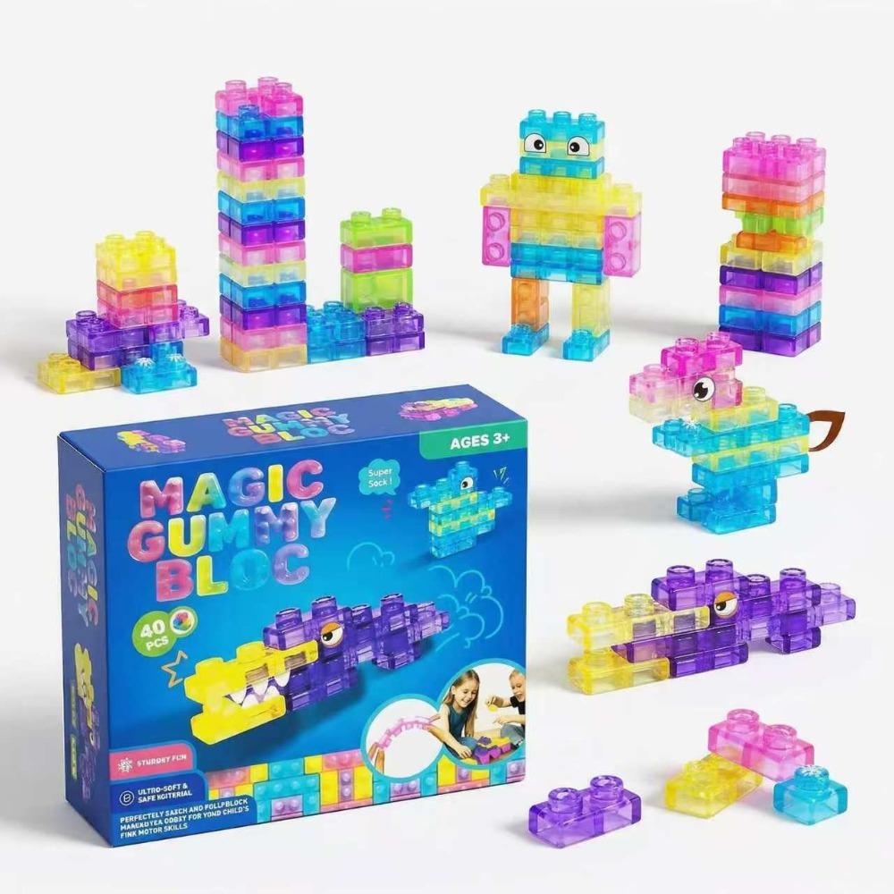 Magic Gummy Bloc 40 Pcs Soft Silicone Building Blocks Flexible Large Particle Sensory Construction Toys Safe Toddler Educational Gift for Kids