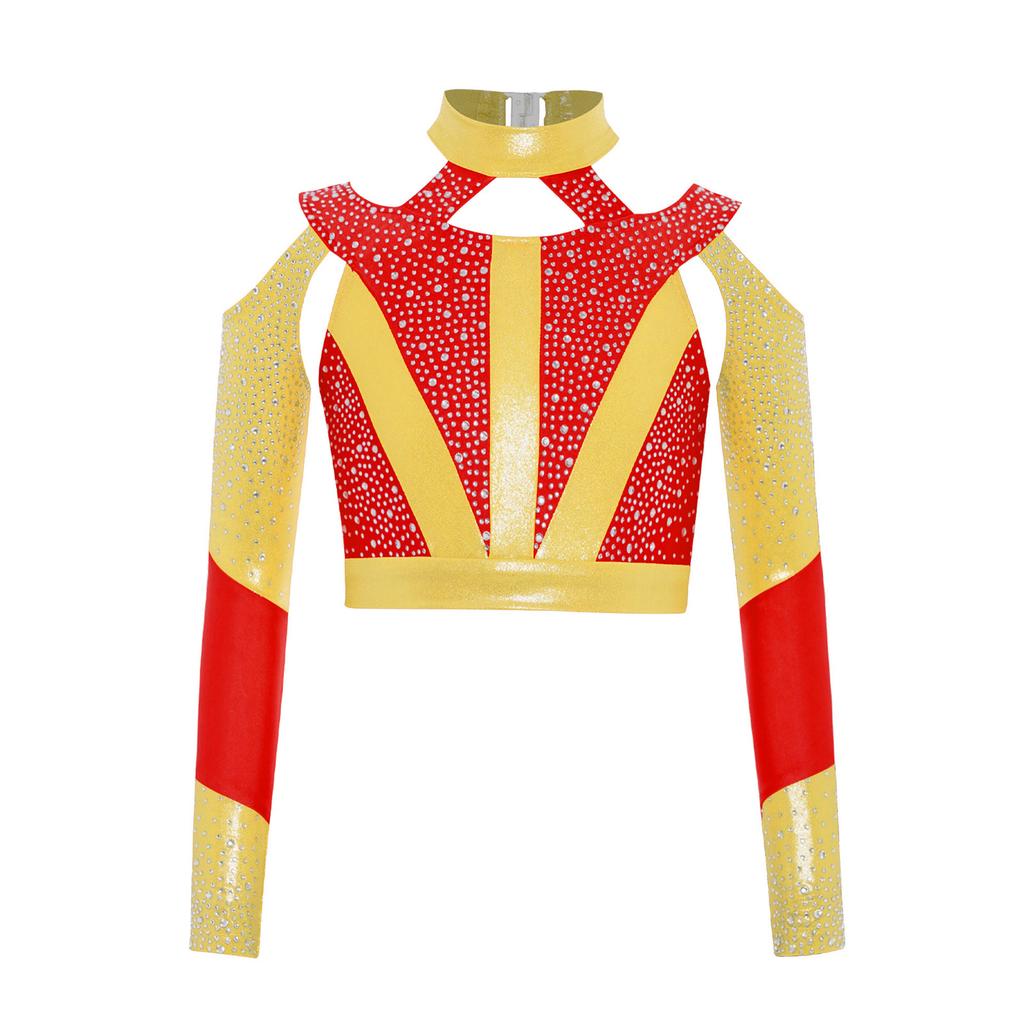 Girls Gymnastics Dance Top Long Sleeve Shiny Rhinestone Color Block Cross Back Cutout Crop Top
