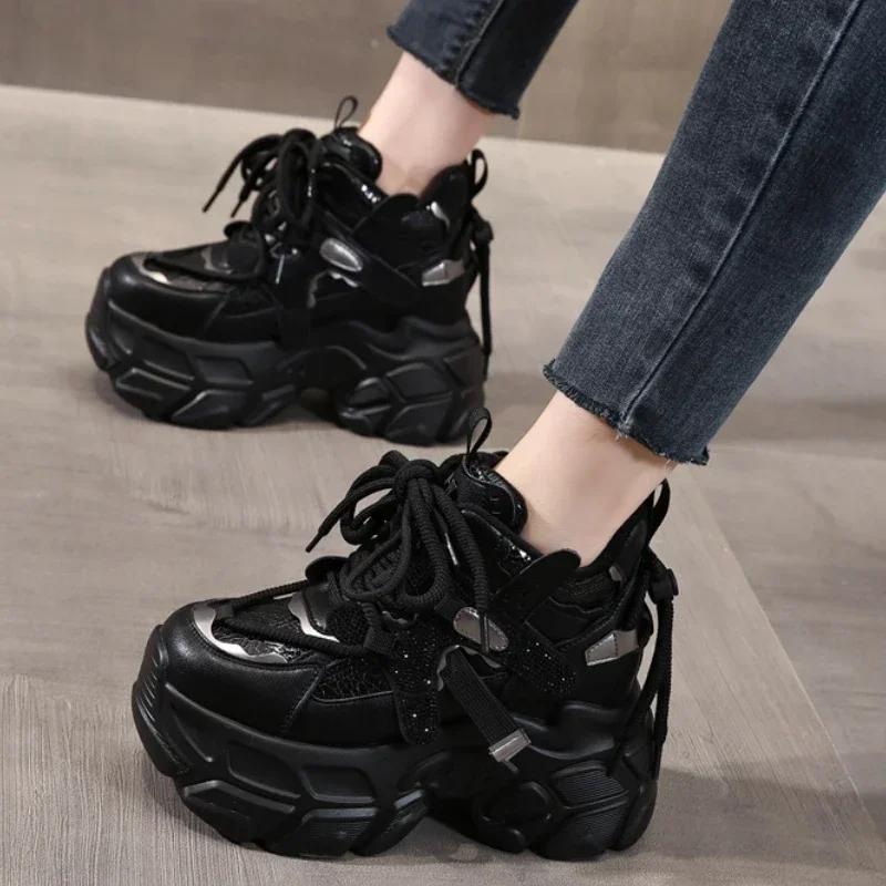 Мода 10см Микрофибра Натуральная Кожа Вулканизированные Массивные Кроссовки Платформа Танкетка Модная Весенняя Обувь Ботильоны Женские Осень