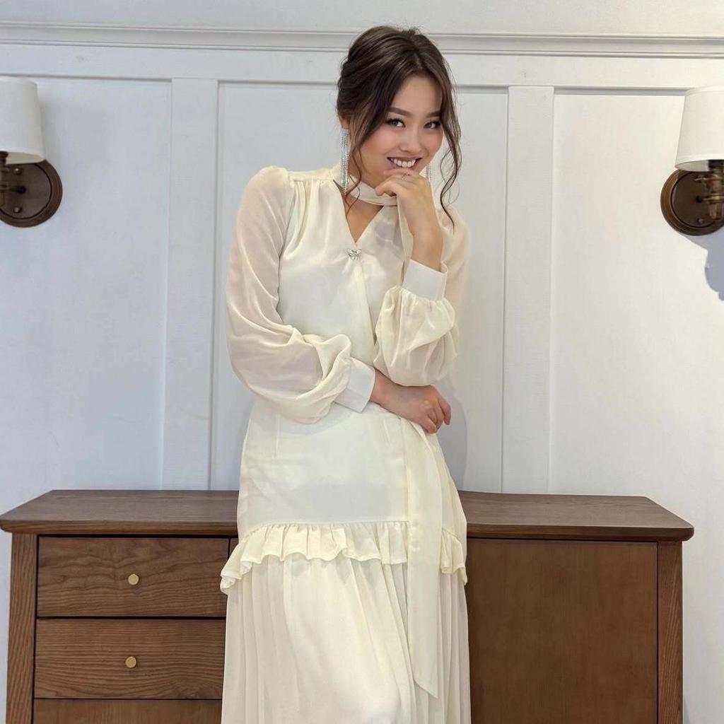 Женское ретро платье с V-образным вырезом, оборками, приталенное, Осень 2025