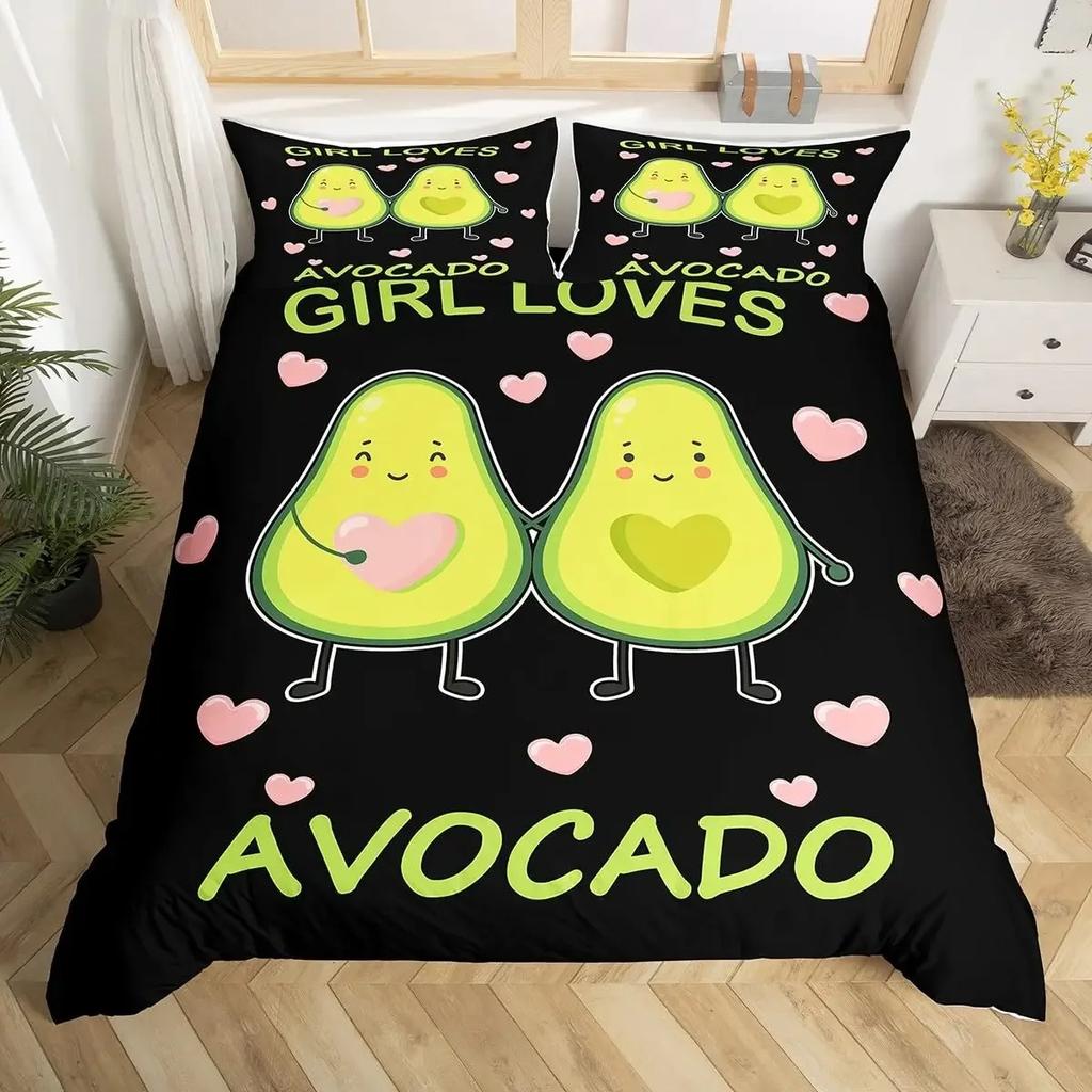 Fruit Duvet Cover Collection Cute Cartoon Avocado Decor 3 Piece Bedding Collection With 2 Pillow Shams Queen King Full Size Paprika Green