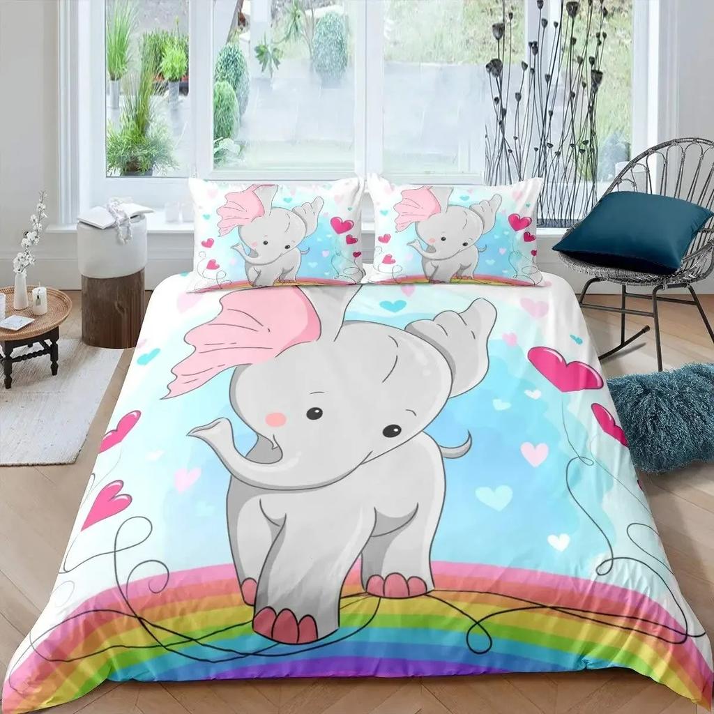 Elephant Soft Duvet Cover Set for Girl Lovely Carton Animals Elephant featuring Buterfly plus Bird Beding Set Warm Comforter Cover Quen Sized