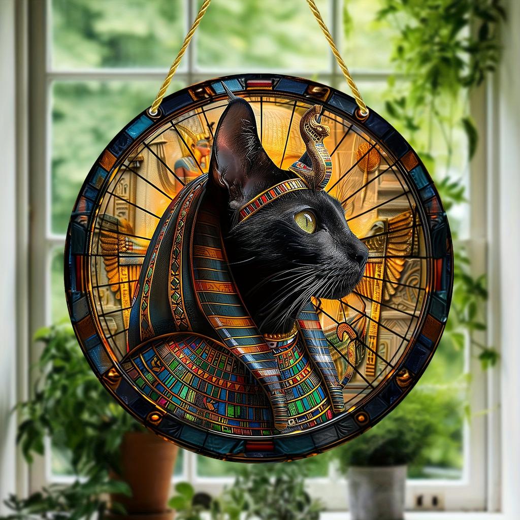 Wood Egyptian Black Cat Sun Catcher, Round Wooden Decorative Sign, Room, Home Decor, Animal Theme Multipurpose Plaque for Door, Wall, Home, Room
