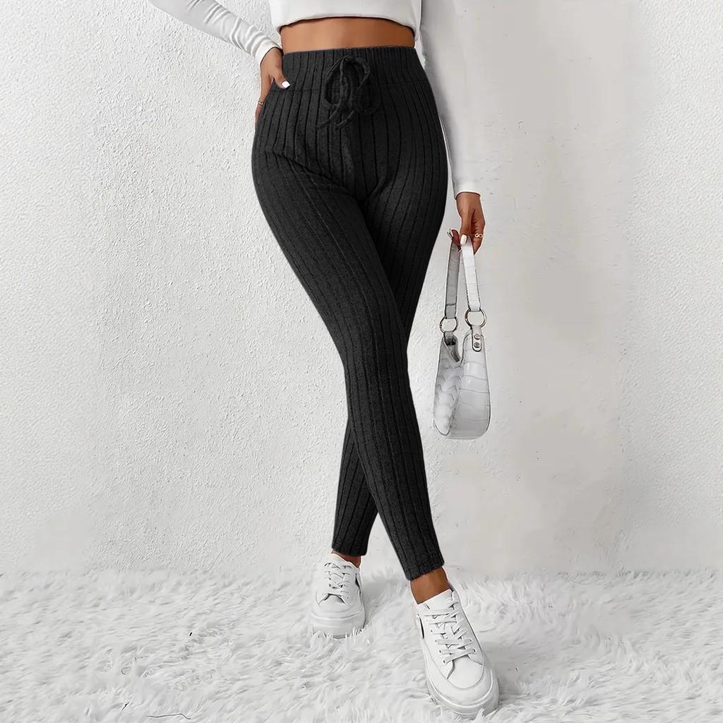 Women's Casual Pants with Ribbed Waistband High-Waisted Tie-Waist Warm Comfortable Tight-Fitting 9-Inch Pants for Home Use