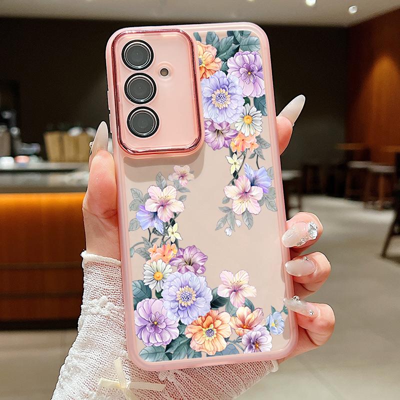 Мягкий силиконовый тонкий чехол с цветочным узором для Samsung S25 Ultra S24 FE S23 Plus A36 A56 A16 A55 A15, защитная пленка для объектива, противоударный прозрачный чехол для телефона