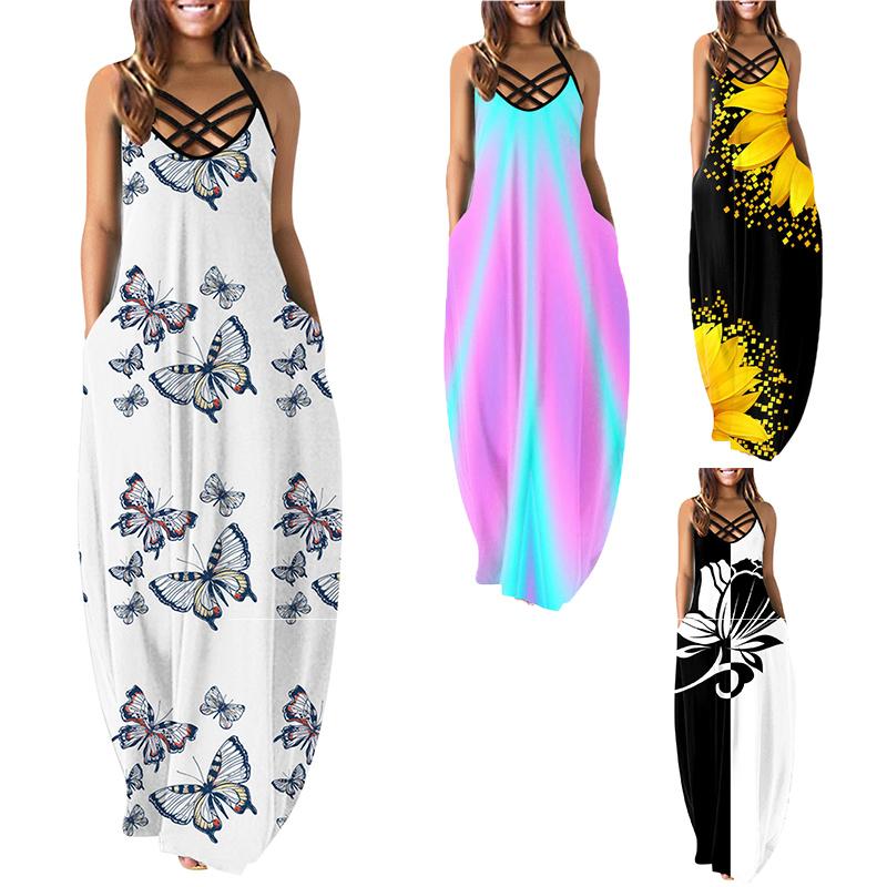 Plus Size Sexy Camisole Dress for Women Clothing Summer Beach Vacation Female Large Size Long Skirt Oversized Floral Dres
