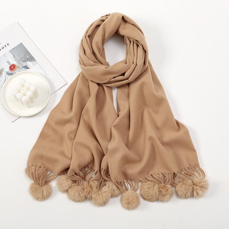 Women Warm Scarf With Rabbit Fur Ball Pashmina Thick Scarves Shawls Winter Cashmere Pompom Scarf Ladies Oversize Blanket Wrap