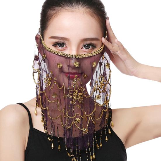 Performance Veil Flower Sequins Beads Decor See-through Lace Belly Dance Tribal Face Veil Breathable Fabric Adjustable Strap Indian Dance Veil