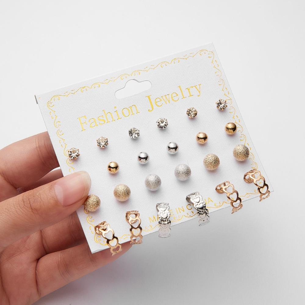12 Pairs/set Classic Crystal Stud Earring Sets Women's Round Ball Metal Pearl Flower Earrings For Women Gift Mixed Jewelry