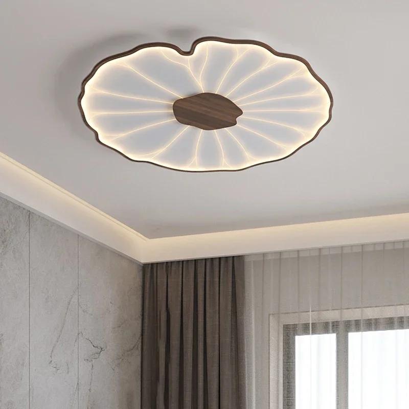 Modern Wood Grain Ceiling Lamp for Living Room Bedroom Study Children's Nursery Lotus Leaf Design Metal Led Chandelier