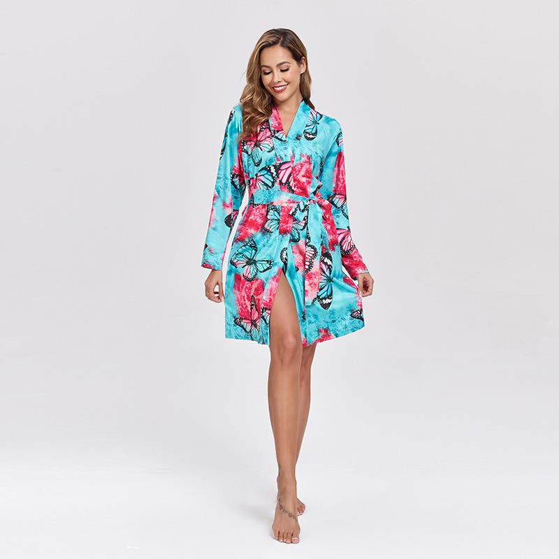2025 Женский новый халат с принтом и длинными рукавами, летний молочный шелковый модный галстук, ночная рубашка